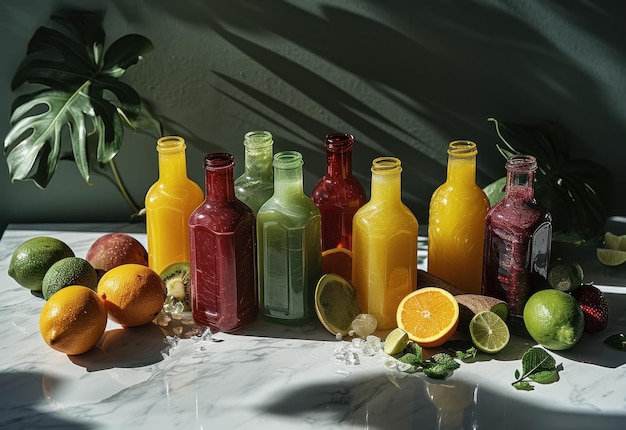 Foto um grupo de garrafas de suco de suco com várias frutas ao seu redor