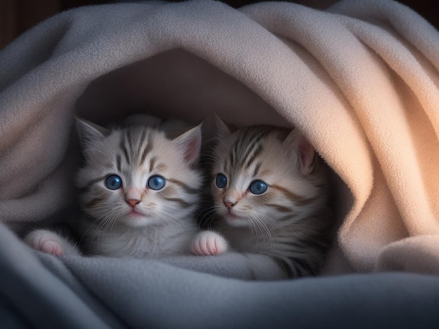 Um grupo de gatinhos adoráveis aconchegados em um aconchegante forte de cobertores
