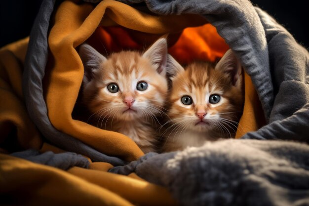 Um grupo de gatinhos adoráveis aconchegados em um cobertor aconchego AI generativa