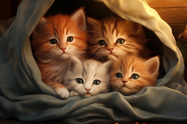 Um grupo de gatinhos adoráveis aconchegados em um cobertor aconchego AI generativa