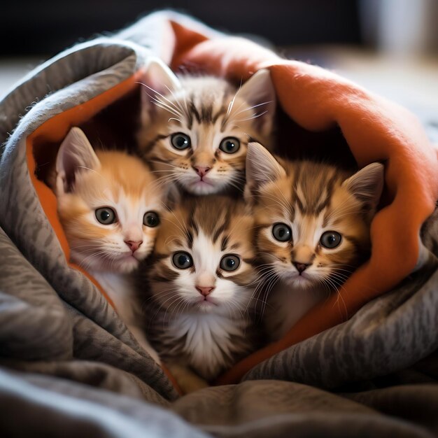 Foto um grupo de gatinhos adoráveis aconchegados em um confortável forte de cobertores