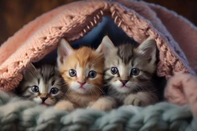 Um grupo de gatinhos adoráveis aconchegados em um confortável forte de cobertores
