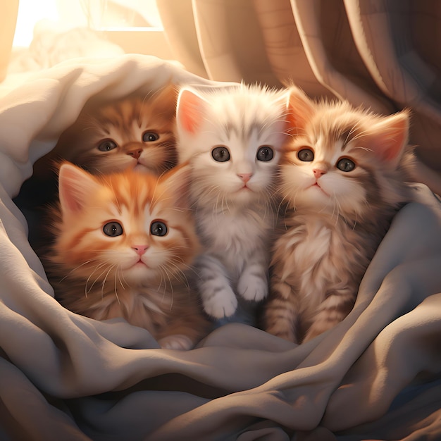 Um grupo de gatinhos bonitos lado a lado aconchegados em lugares amigáveis para animais de estimação apoio emocional