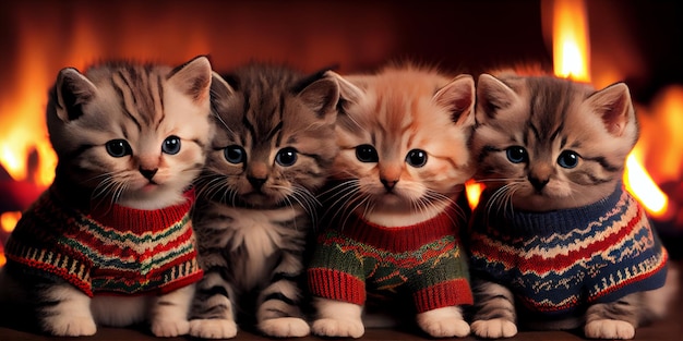 Um grupo de gatinhos em suéteres de cachorro de Natal em frente à IA generativa da lareira