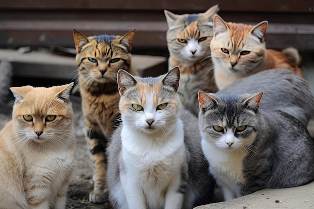 Um grupo de gatos cada um com sua expressão única olhando para a câmera criada com generativ