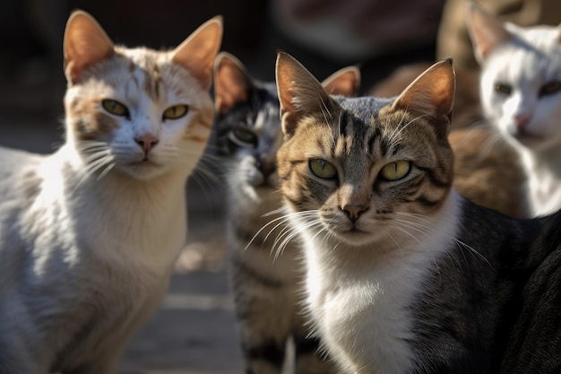Um grupo de gatos com os olhos brilhando de curiosidade observando o visualizador criado com IA generativa