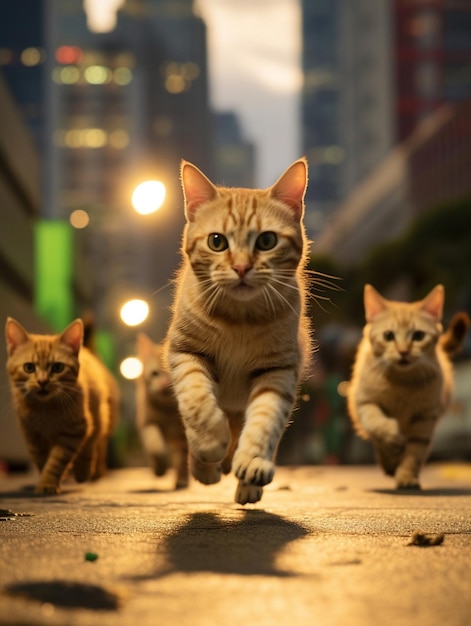 um grupo de gatos correndo pela rua com um deles correndo em direção à câmera.