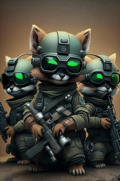 Foto um grupo de gatos em uniformes militares com olhos verdes e generative ai