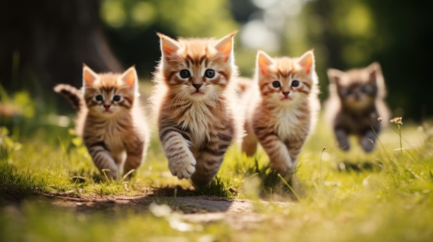 Um grupo de gatos fofos correndo e brincando na grama verde do parque