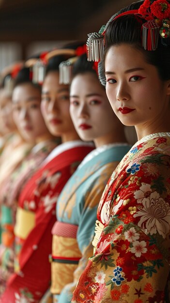 Foto um grupo de geishas posando para o seu mestre