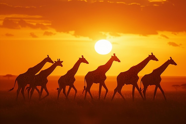 Foto um grupo de girafas estão andando no pôr do sol
