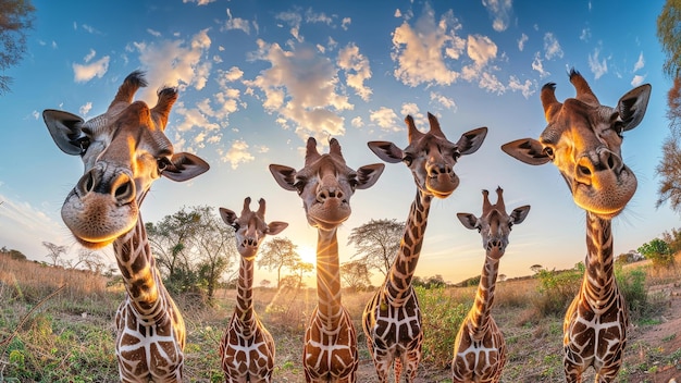 Um grupo de girafas graciosas com seus pescoços elevados de pé lado a lado em unidade na savana