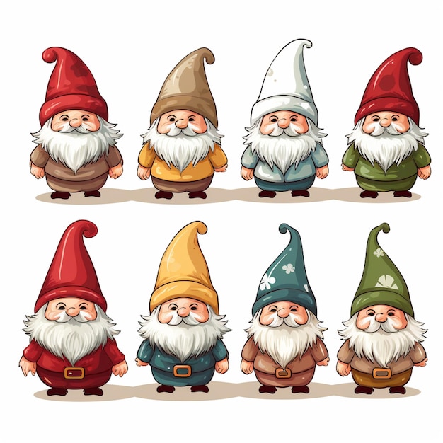 Foto um grupo de gnomos de desenhos animados com chapéus e barbas de diferentes cores
