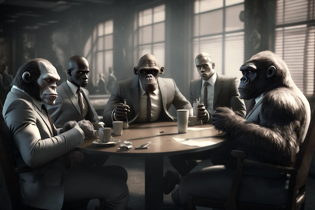 Um grupo de gorilas está sentado ao redor de uma mesa, com um deles dizendo gorilas.