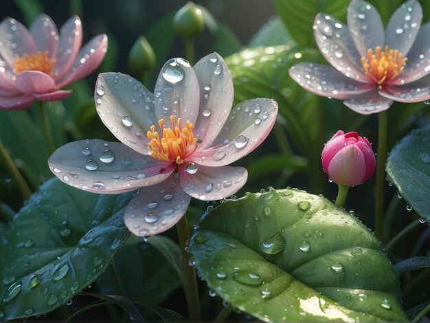 um grupo de gotas de água em uma flor com folhas e flores ao fundo