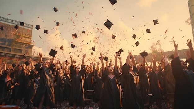 Um grupo de graduados jogando bonés de formatura no ar