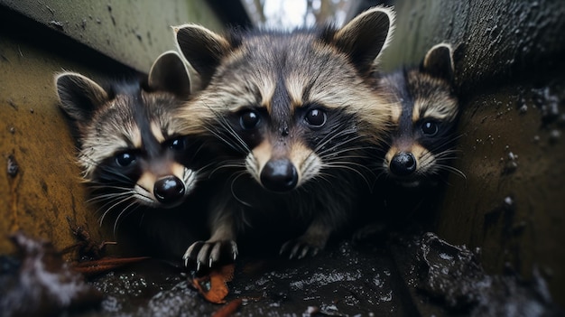 Um grupo de guaxinins de pé perto um do outro em um cenário natural