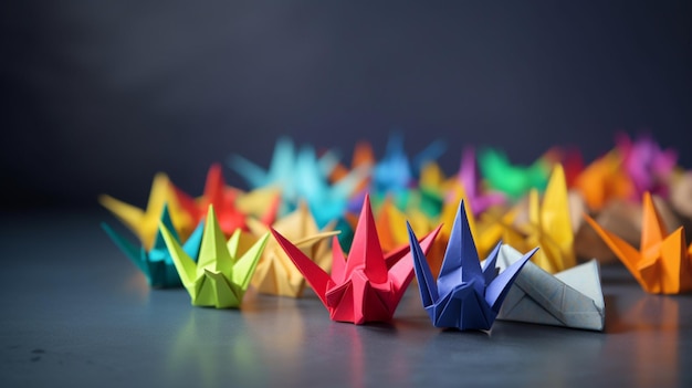 Um grupo de guindastes de origami está alinhado em uma fileira, sendo que um deles é vermelho, amarelo e azul.
