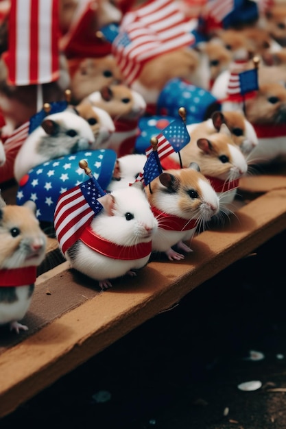 Um grupo de hamsters sentados em cima de uma imagem ai generativa de mesa de madeira