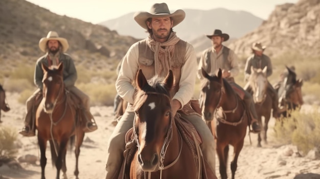 Um grupo de homens a cavalo cavalga no deserto.