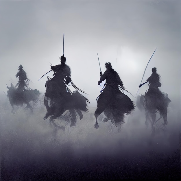 um grupo de homens andando a cavalo no meio do nevoeiro.
