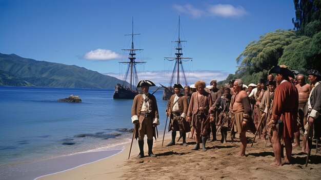 Foto um grupo de homens caminhando em uma praia com um navio no fundo