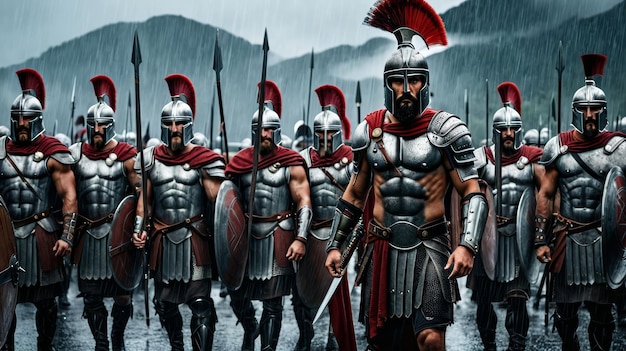 Foto um grupo de homens com armaduras romanas em pé juntos