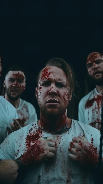 Um grupo de homens com sangue no rosto e as palavras "Não seja sangue".