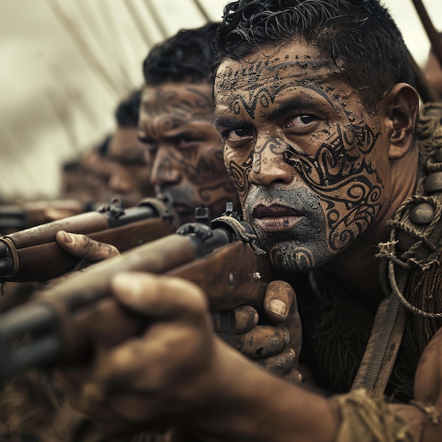 Foto um grupo de homens com tatuagens em seu rosto e rosto com uma tatuagem de crânio em seu rosto