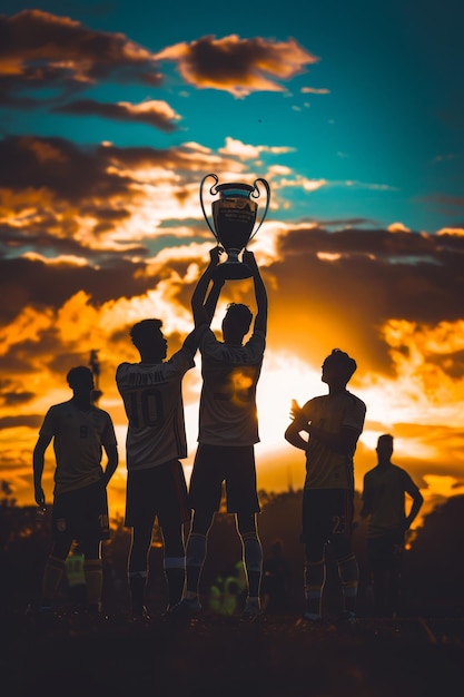 Foto um grupo de homens com um troféu que diz o número 1