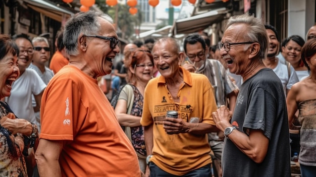 Um grupo de homens de camisa laranja conversa em uma rua movimentada.