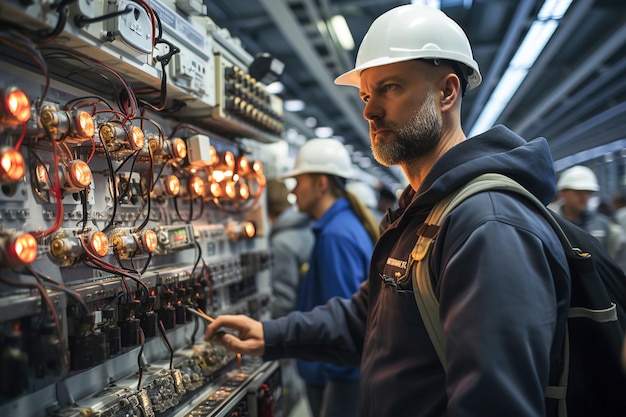 Um grupo de homens de capacetes trabalha em equipamentos elétricos