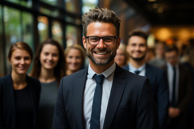 Um grupo de homens de negócios felizes e mulheres de negócios vestidas de terno estão sorrindo no escritório