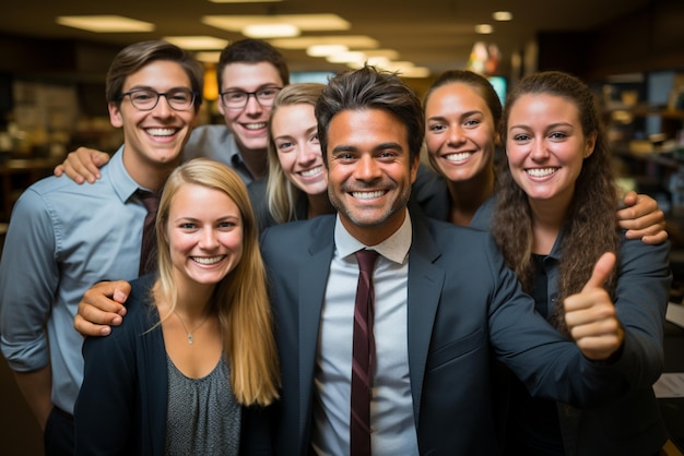 Um grupo de homens de negócios felizes e mulheres de negócios vestidas de terno estão sorrindo no escritório