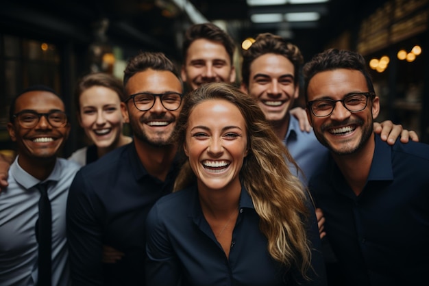 Foto um grupo de homens de negócios felizes e mulheres de negócios vestidas de terno estão sorrindo no escritório