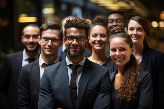 Um grupo de homens de negócios felizes e mulheres de negócios vestidas de terno estão sorrindo no escritório