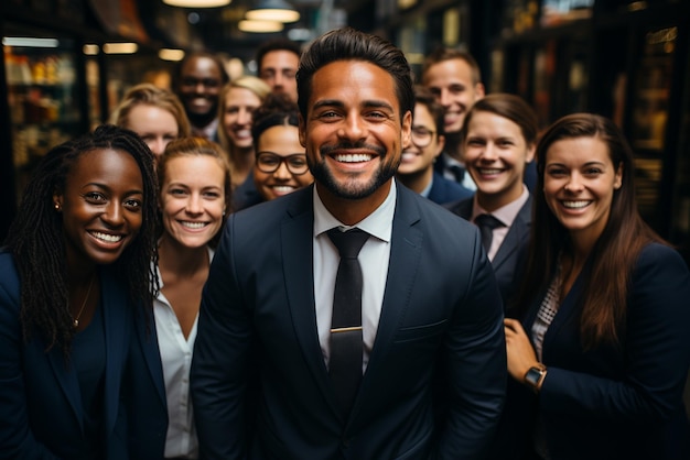 um grupo de homens de negócios felizes e mulheres de negócios vestidos de terno estão sorrindo no escritório