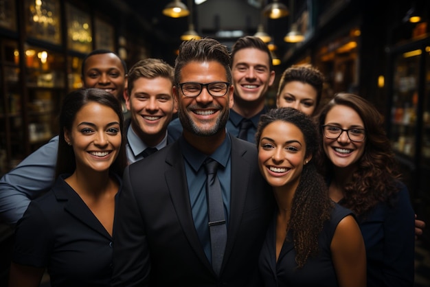 um grupo de homens de negócios felizes e mulheres de negócios vestidos de terno estão sorrindo no escritório