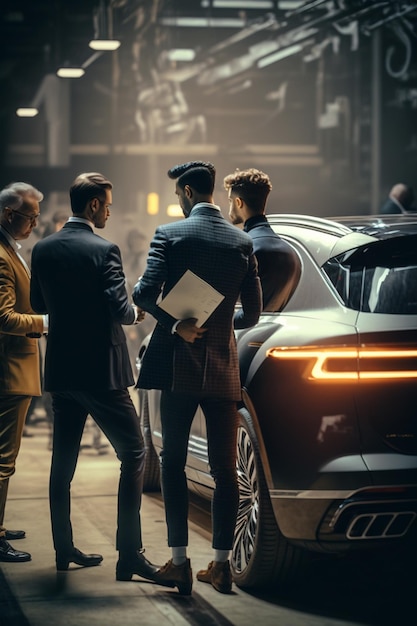 Um grupo de homens de pé ao lado de um carro