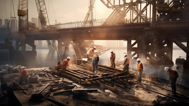 Um grupo de homens de pé no topo de um local de construção com um horizonte da cidade ao fundo