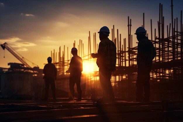 um grupo de homens de pé no topo de um local de construção