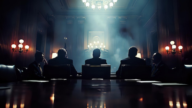 Foto um grupo de homens de terno está sentado em torno de uma mesa de conferência