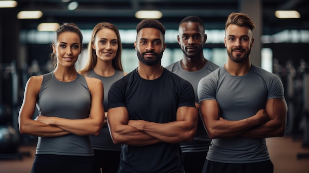 Um grupo de homens e mulheres atléticos de pé juntos no fundo de um ginásio