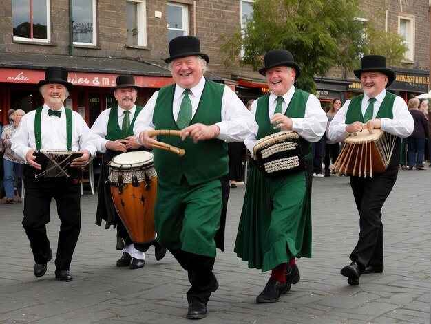um grupo de homens em roupas verdes tocando tambores e tambores em uma rua