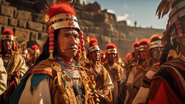 um grupo de homens em trajes tradicionais fica em frente a um templo.