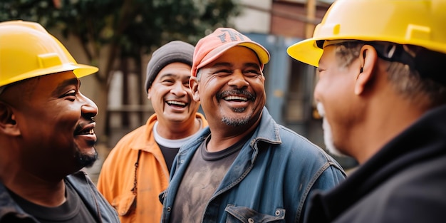 Um grupo de homens em um canteiro de obras usando um capacete e um capacete amarelo