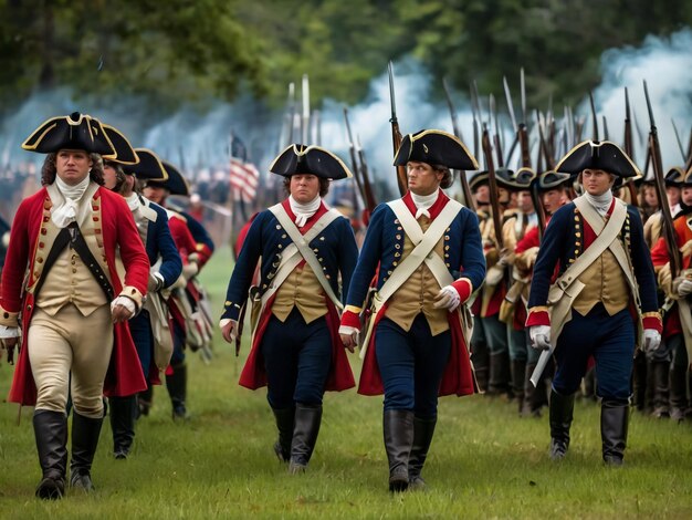 um grupo de homens em uniforme com bandeiras sobre eles