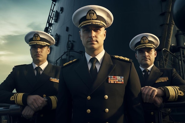 um grupo de homens em uniformes militares em frente a um navio.