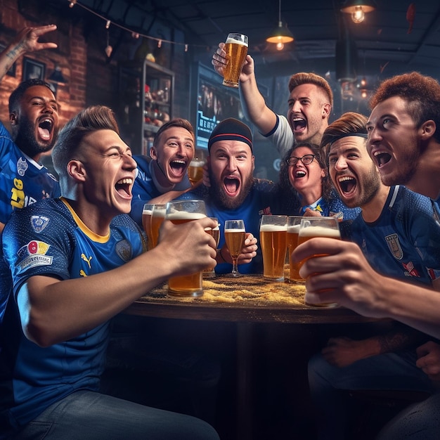 Foto um grupo de homens está a beber cerveja num bar.