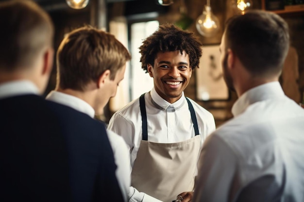 Um grupo de homens está a falar num restaurante.